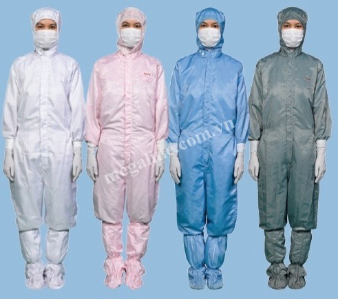 Quần áo phòng sạch chống tĩnh điện liền quần liền áo, liền mũ.